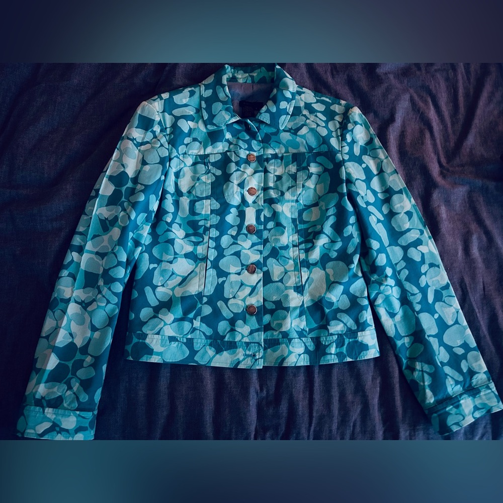 BCBG MaxAzria Blue Abstract Print Jacket –Size 6– Vibrant Spring Statement Piece